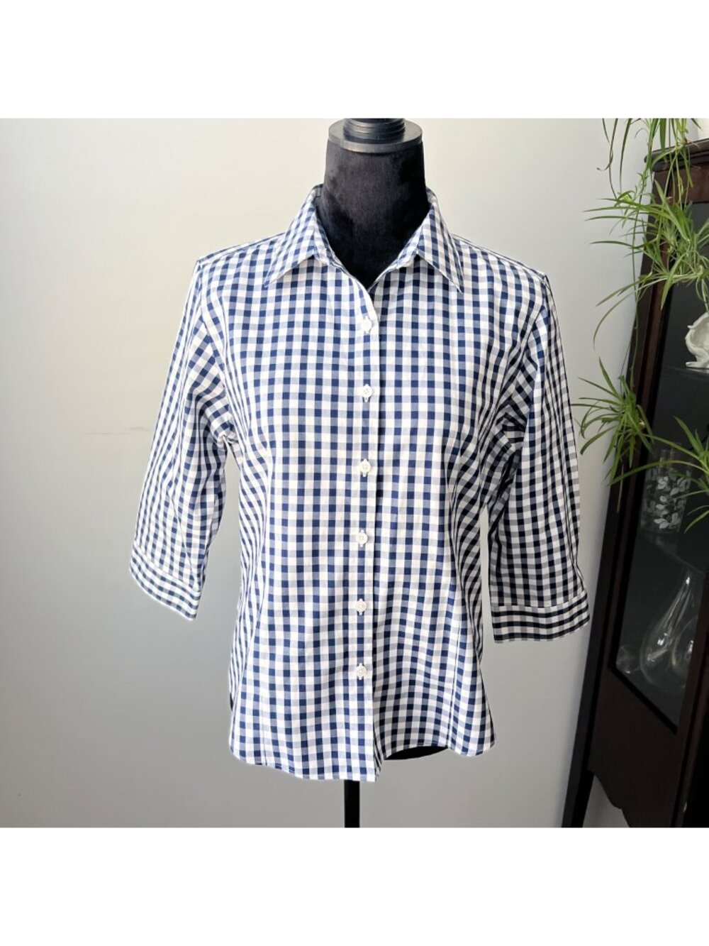 L.L. Bean Women's S Petite Gingham Button Up Shirt Navy Blue White Wrinkle Free